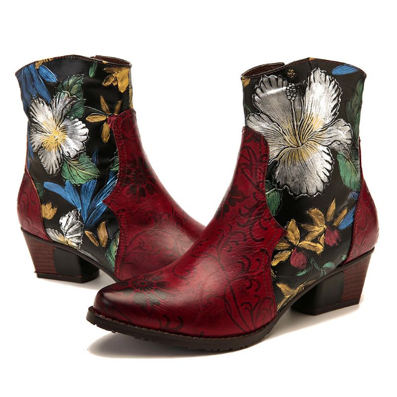 Botines De Cuero Con Costura De Flores En Relieve Retro Para Mujer