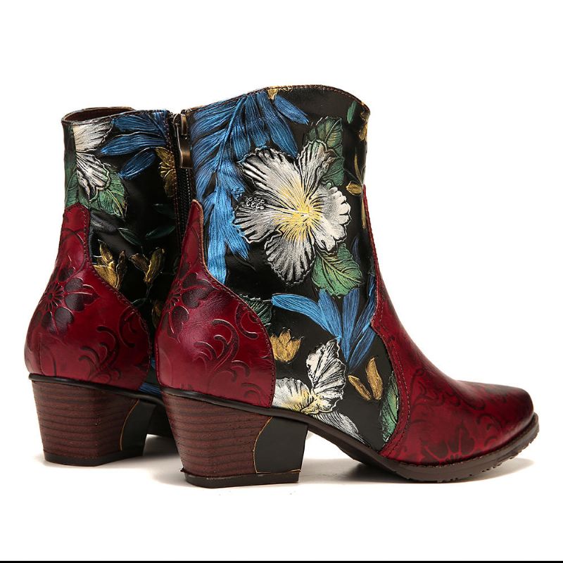 Botines De Cuero Con Costura De Flores En Relieve Retro Para Mujer