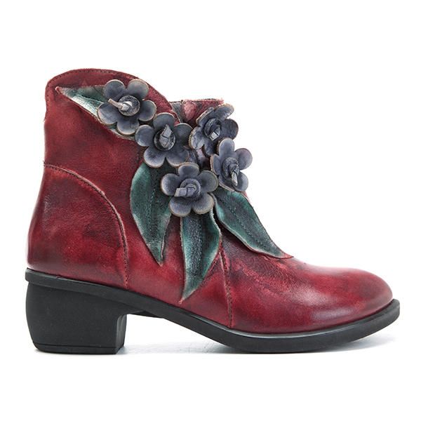 Botines De Cuero Florales Hechos A Mano Vintage Para Mujer