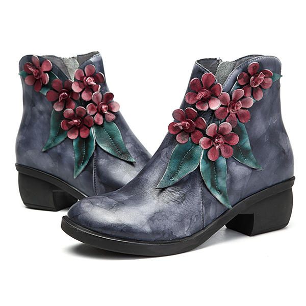 Botines De Cuero Florales Hechos A Mano Vintage Para Mujer