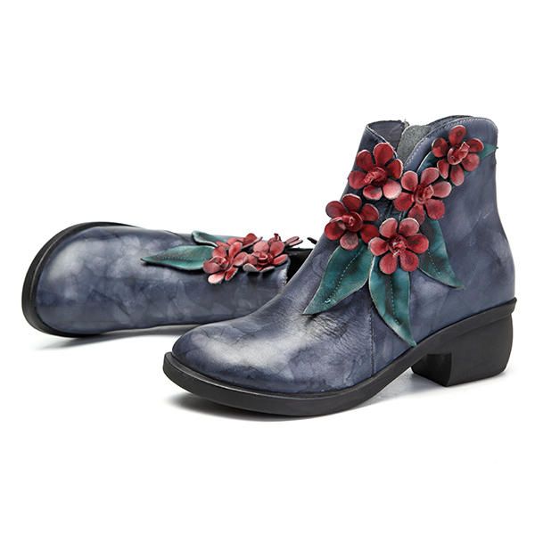 Botines De Cuero Florales Hechos A Mano Vintage Para Mujer