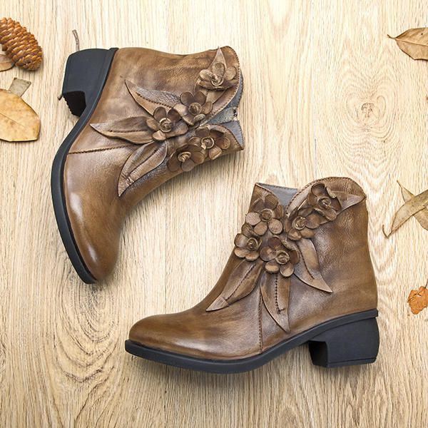 Botines De Cuero Florales Hechos A Mano Vintage Para Mujer