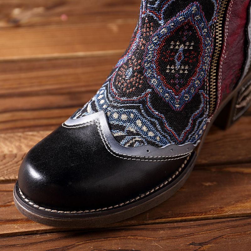 Botines De Cuero De Mujer Con Cremallera Y Patrón De Encaje De Empalme Bohemio