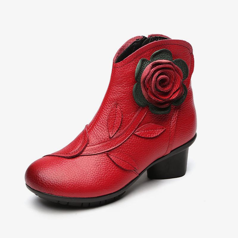 Botines De Cuero Retro Hechos A Mano Con Flores Para Mujer