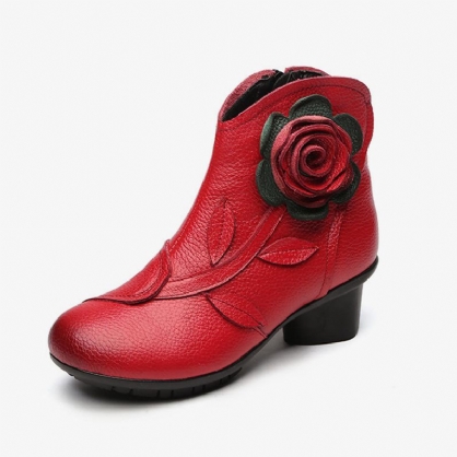 Botines De Cuero Retro Hechos A Mano Con Flores Para Mujer