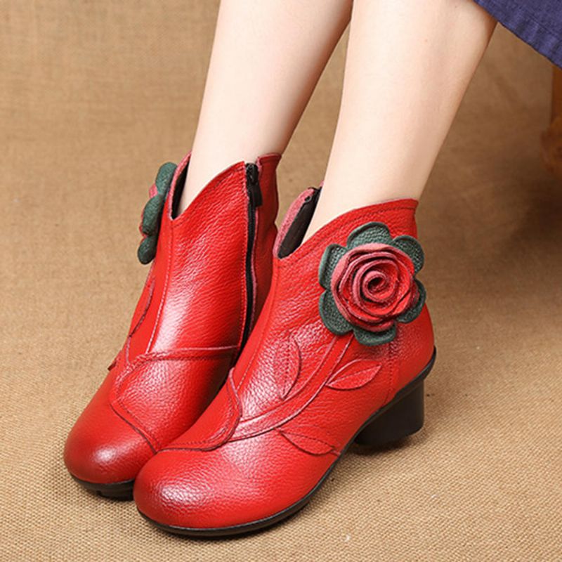 Botines De Cuero Retro Hechos A Mano Con Flores Para Mujer