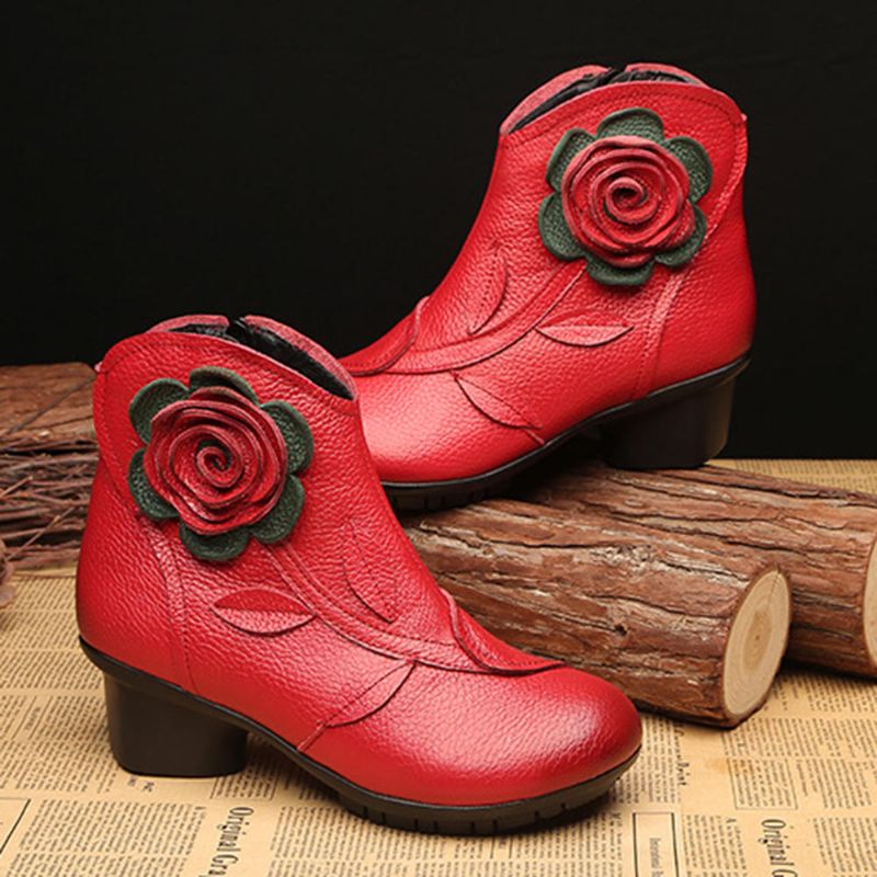 Botines De Cuero Retro Hechos A Mano Con Flores Para Mujer