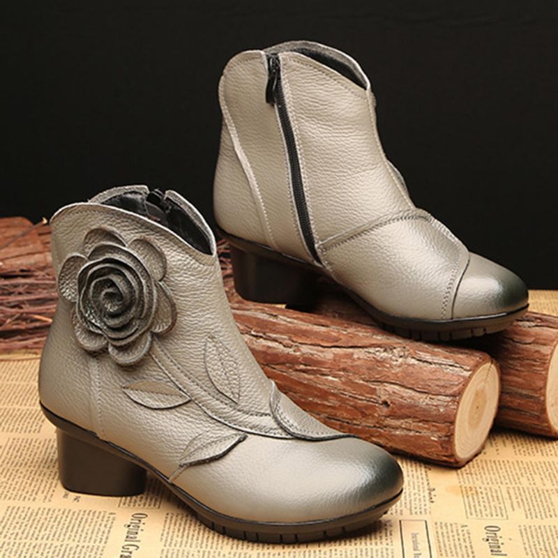 Botines De Cuero Retro Hechos A Mano Con Flores Para Mujer