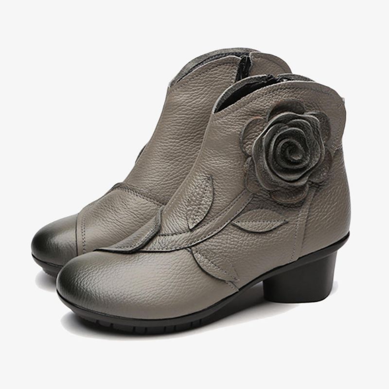 Botines De Cuero Retro Hechos A Mano Con Flores Para Mujer