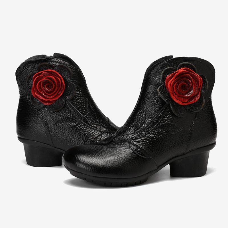 Botines De Cuero Retro Hechos A Mano Con Flores Para Mujer