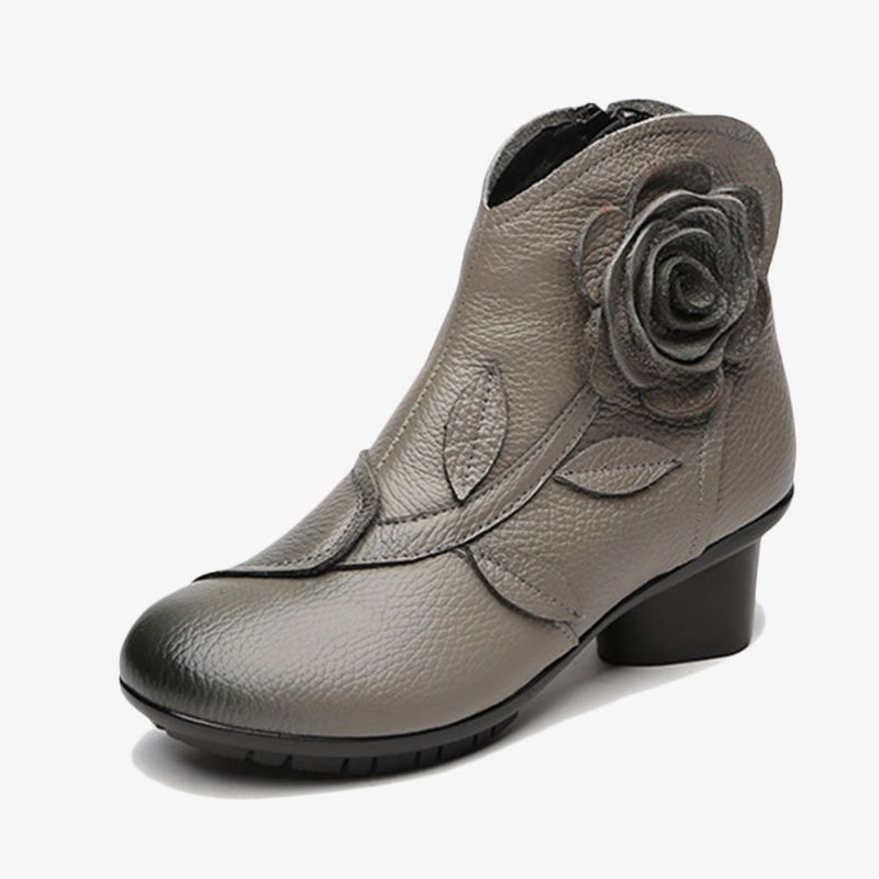 Botines De Cuero Retro Hechos A Mano Con Flores Para Mujer