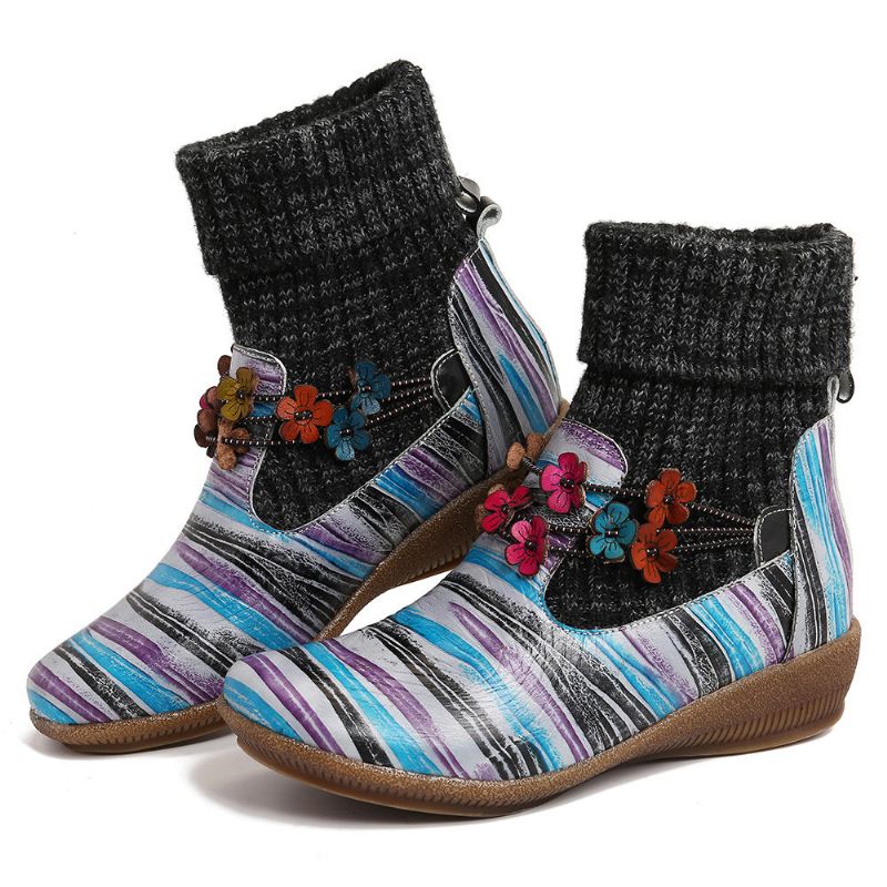 Botines De Flores De Empalme De Cuero Genuino De Rayas De Colores Para Mujer