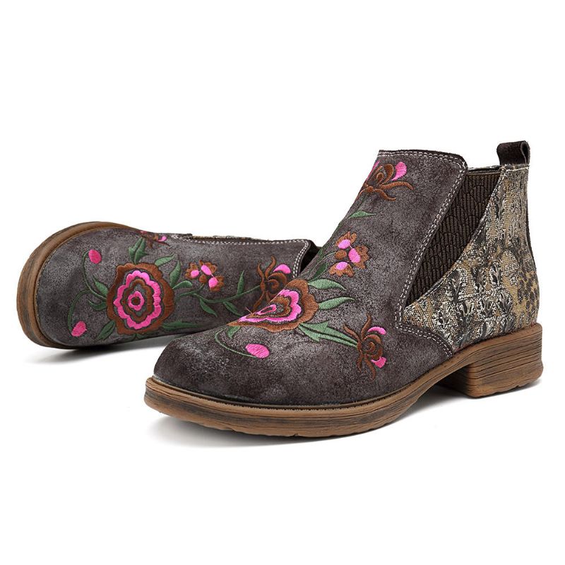 Botines De Mujer De Cuero Con Empalme De Flores Bordadas