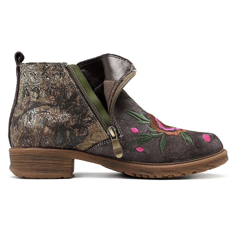 Botines De Mujer De Cuero Con Empalme De Flores Bordadas