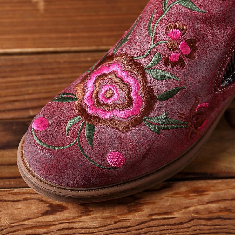 Botines De Mujer De Cuero Con Empalme De Flores Bordadas