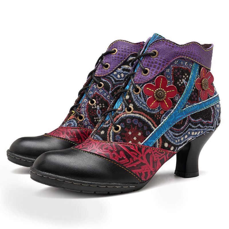 Botines De Mujer De Cuero Genuino Jacquard Hechos A Mano