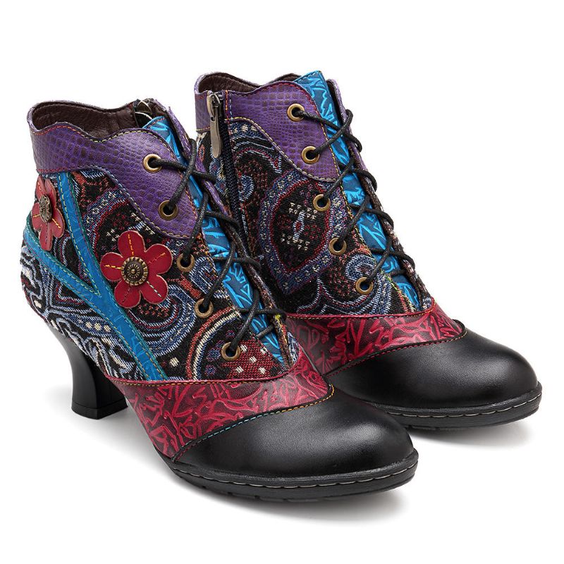 Botines De Mujer De Cuero Genuino Jacquard Hechos A Mano