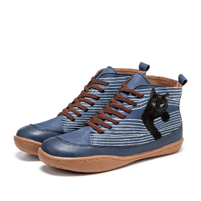 Botines Planos De Ante Con Cordones Casuales Con Estampado De Gato Negro Para Mujer