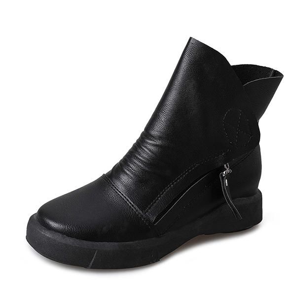 Botines Planos Con Cordones Y Punta Redonda Moda Casual De Cuero Para Mujer