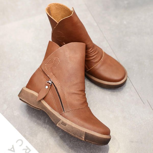 Botines Planos Con Cordones Y Punta Redonda Moda Casual De Cuero Para Mujer