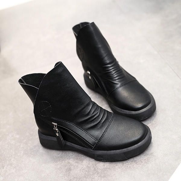 Botines Planos Con Cordones Y Punta Redonda Moda Casual De Cuero Para Mujer