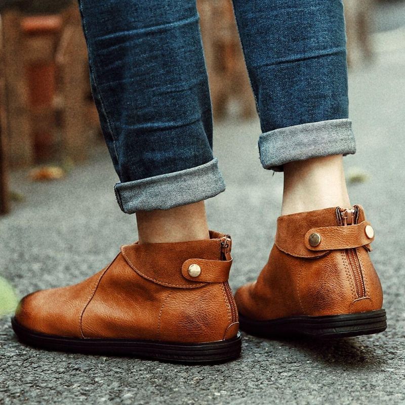 Botines Planos Lisos Con Punta Redonda Y Suela Suave De Talla Grande Para Mujer