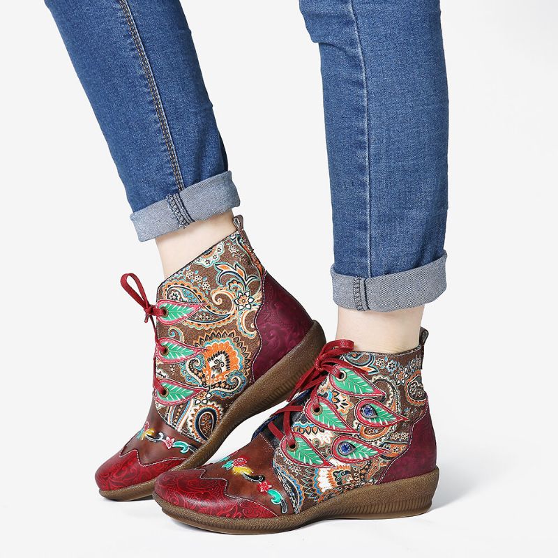 Botines Planos Suaves De Cuero Genuino Rojo Con Patrón Folkways Para Mujer