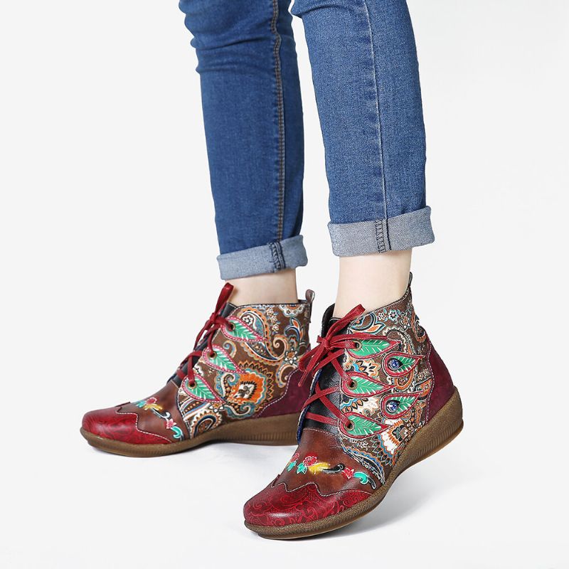 Botines Planos Suaves De Cuero Genuino Rojo Con Patrón Folkways Para Mujer