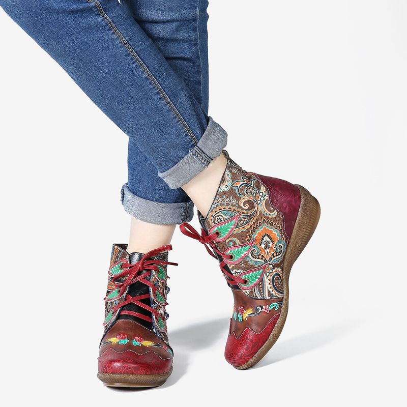 Botines Planos Suaves De Cuero Genuino Rojo Con Patrón Folkways Para Mujer