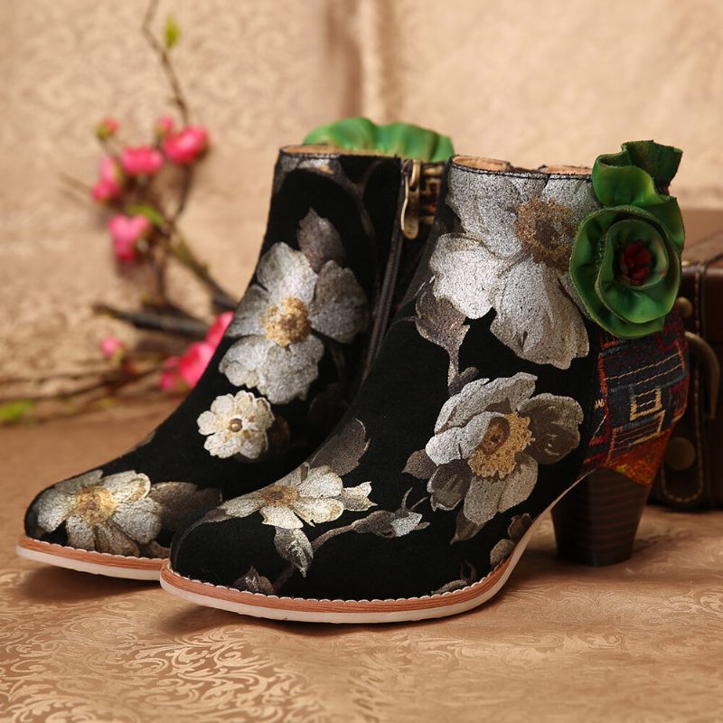 Botines De Tacón Alto Elegantes Con Cremallera De Empalme De Cuero Genuino Con Flor Verde