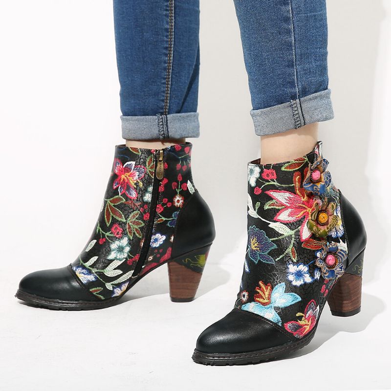 Botines De Tacón Apilado Con Forro Cálido Negro Floral Causal Para Mujer