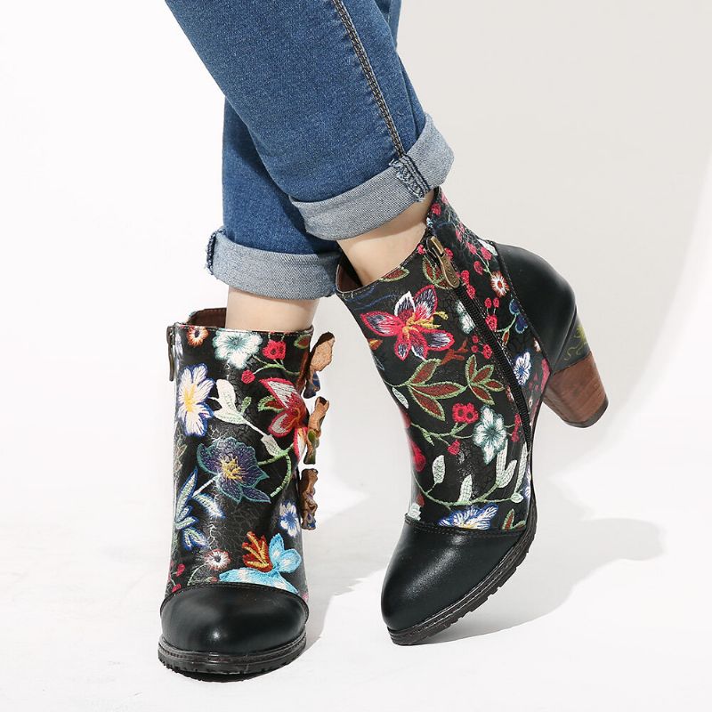 Botines De Tacón Apilado Con Forro Cálido Negro Floral Causal Para Mujer