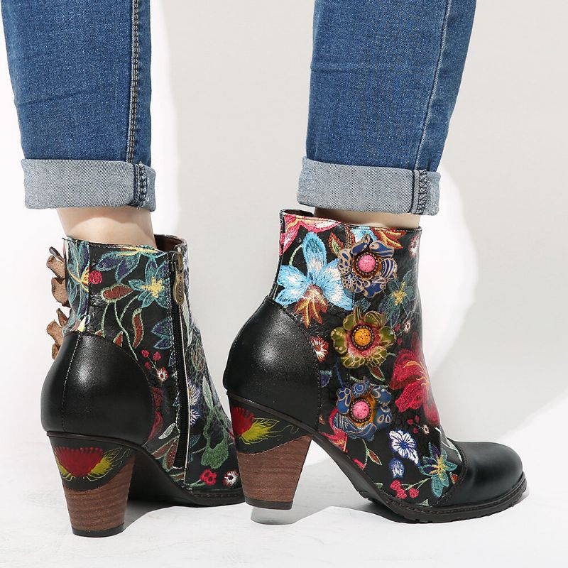 Botines De Tacón Apilado Con Forro Cálido Negro Floral Causal Para Mujer