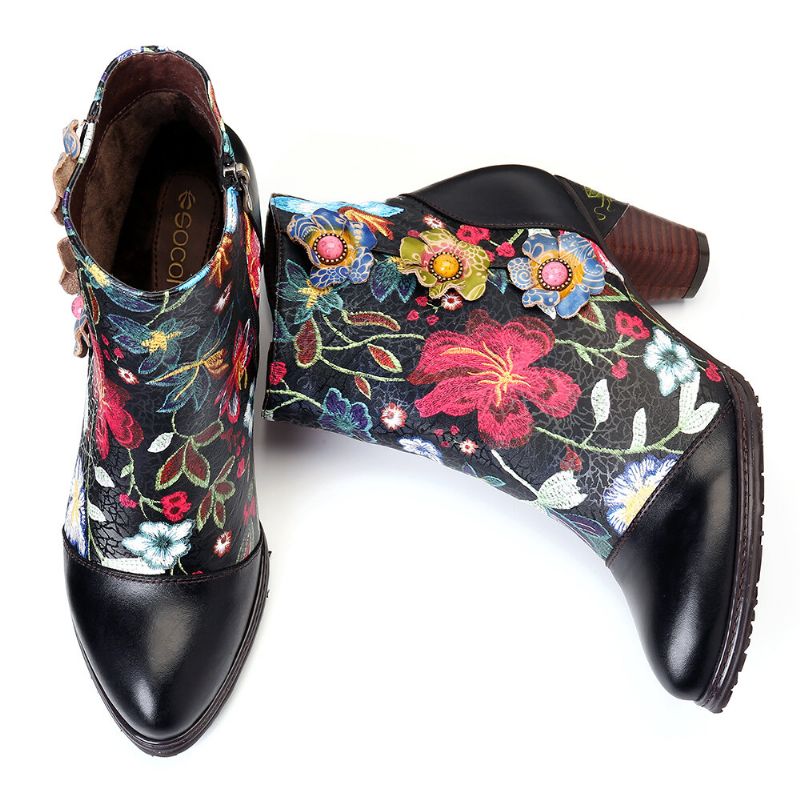 Botines De Tacón Apilado Con Forro Cálido Negro Floral Causal Para Mujer