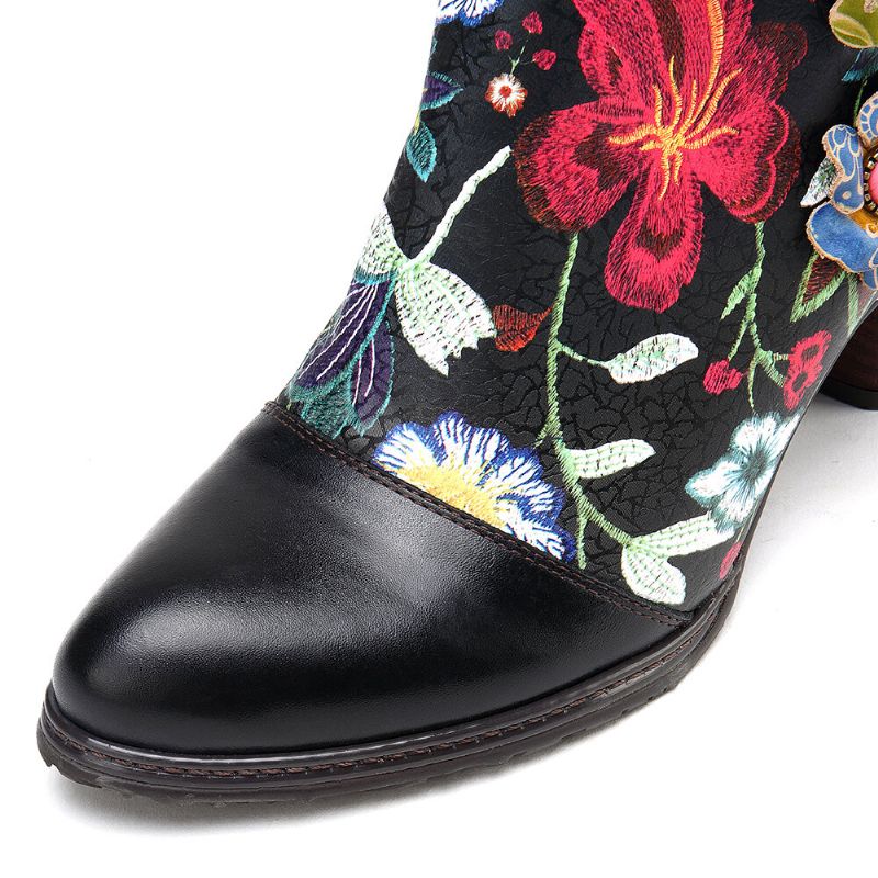 Botines De Tacón Apilado Con Forro Cálido Negro Floral Causal Para Mujer