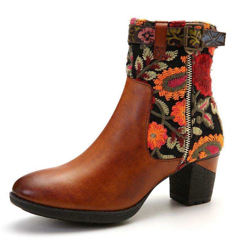 Botines De Tacón De Bloque De Punta Redonda Con Hebilla Decorativa Con Estampado Floral Causal Para Mujer