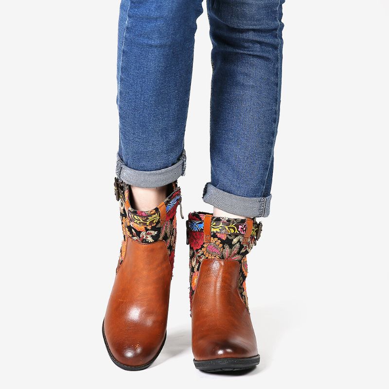 Botines De Tacón De Bloque De Punta Redonda Con Hebilla Decorativa Con Estampado Floral Causal Para Mujer