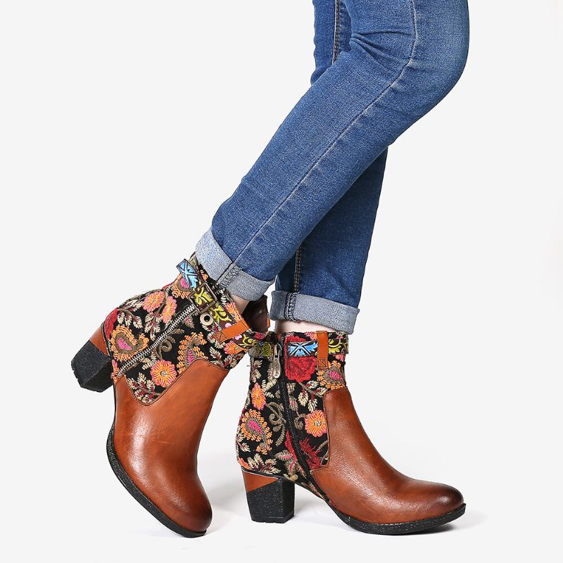 Botines De Tacón De Bloque De Punta Redonda Con Hebilla Decorativa Con Estampado Floral Causal Para Mujer