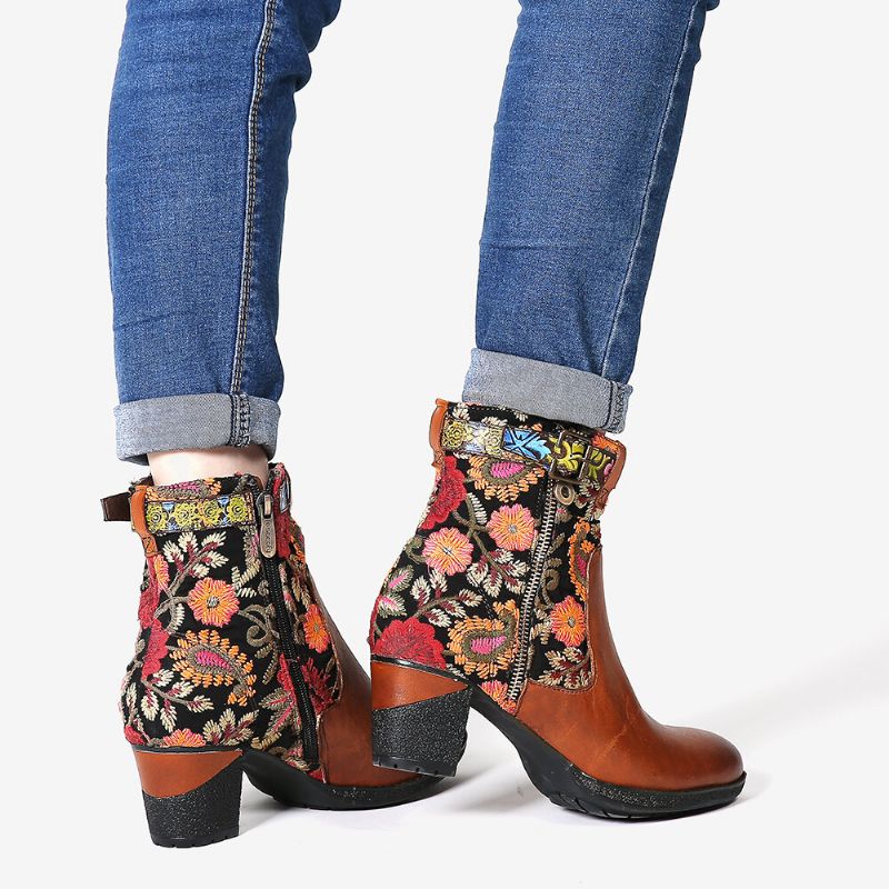 Botines De Tacón De Bloque De Punta Redonda Con Hebilla Decorativa Con Estampado Floral Causal Para Mujer