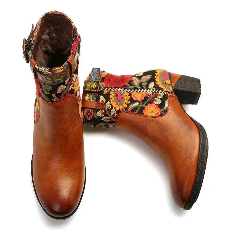 Botines De Tacón De Bloque De Punta Redonda Con Hebilla Decorativa Con Estampado Floral Causal Para Mujer