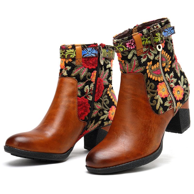 Botines De Tacón De Bloque De Punta Redonda Con Hebilla Decorativa Con Estampado Floral Causal Para Mujer