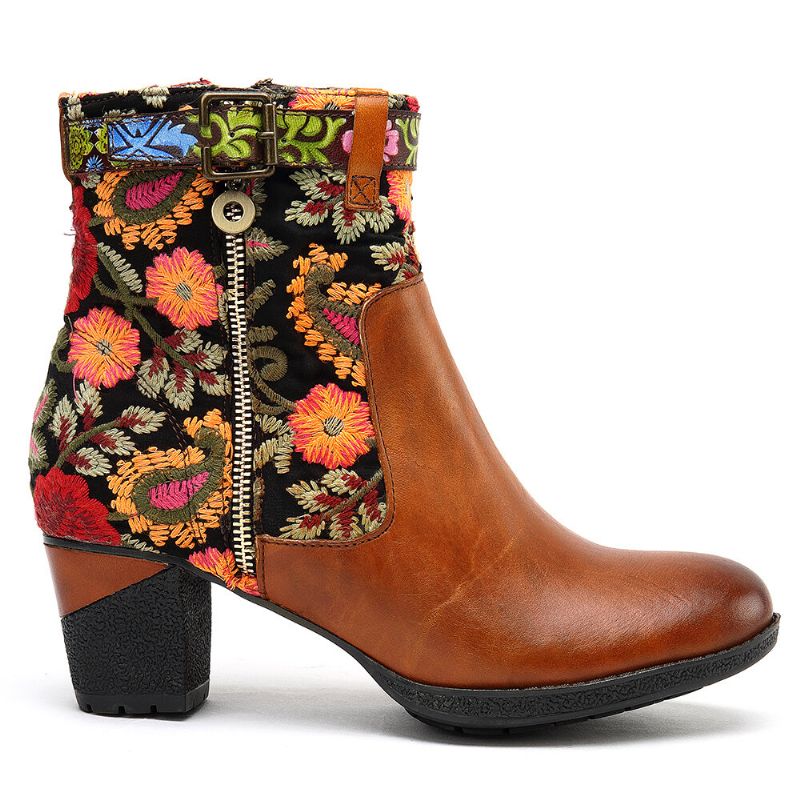 Botines De Tacón De Bloque De Punta Redonda Con Hebilla Decorativa Con Estampado Floral Causal Para Mujer