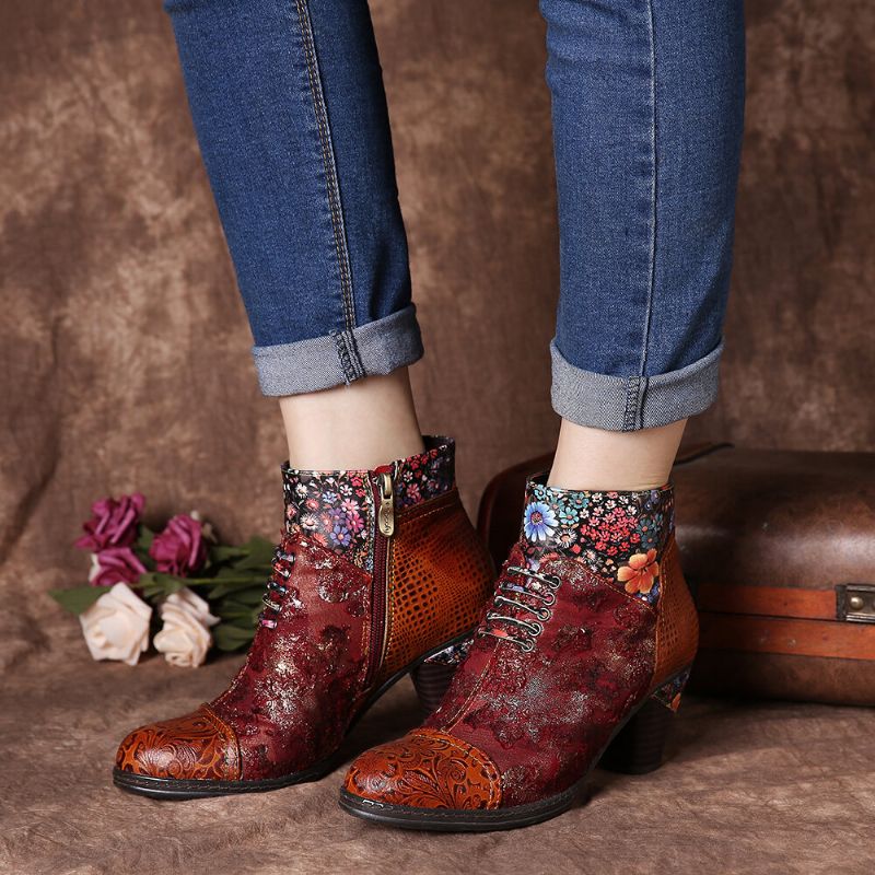 Botines De Tacón Cónico Con Cremallera Y Forro Cálido Con Patrón De Empalme Floral Informal Para Mujer