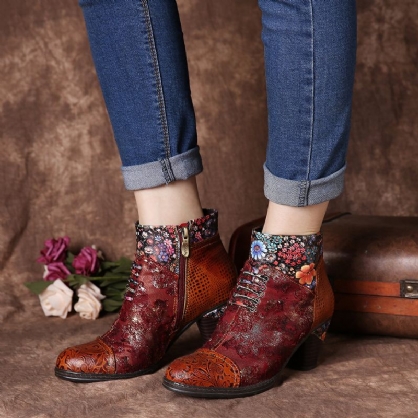 Botines De Tacón Cónico Con Cremallera Y Forro Cálido Con Patrón De Empalme Floral Informal Para Mujer