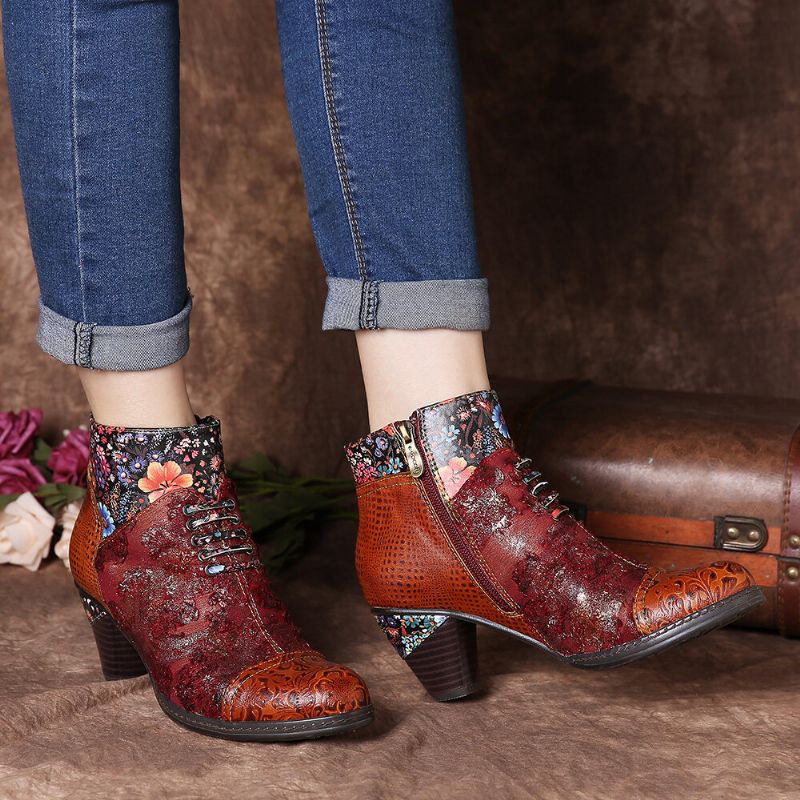 Botines De Tacón Cónico Con Cremallera Y Forro Cálido Con Patrón De Empalme Floral Informal Para Mujer