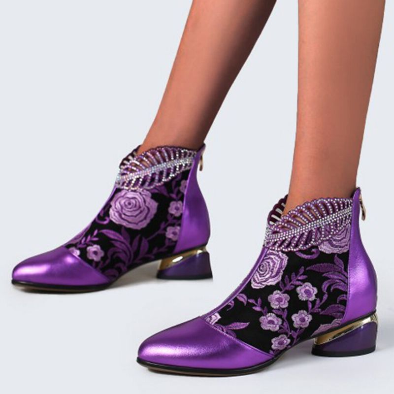 Botines De Tacón Grueso De Diamantes De Imitación De Flores Bordadas De Cuero Suave Cómodo Para Mujer