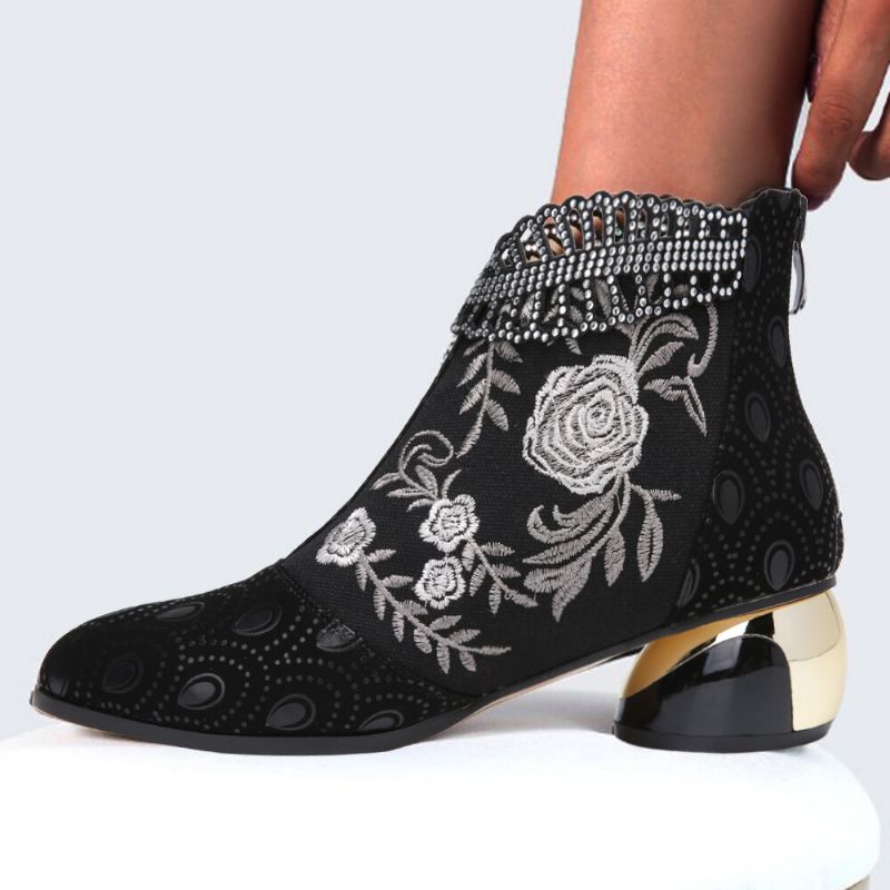 Botines De Tacón Grueso De Diamantes De Imitación De Flores Bordadas De Cuero Suave Cómodo Para Mujer