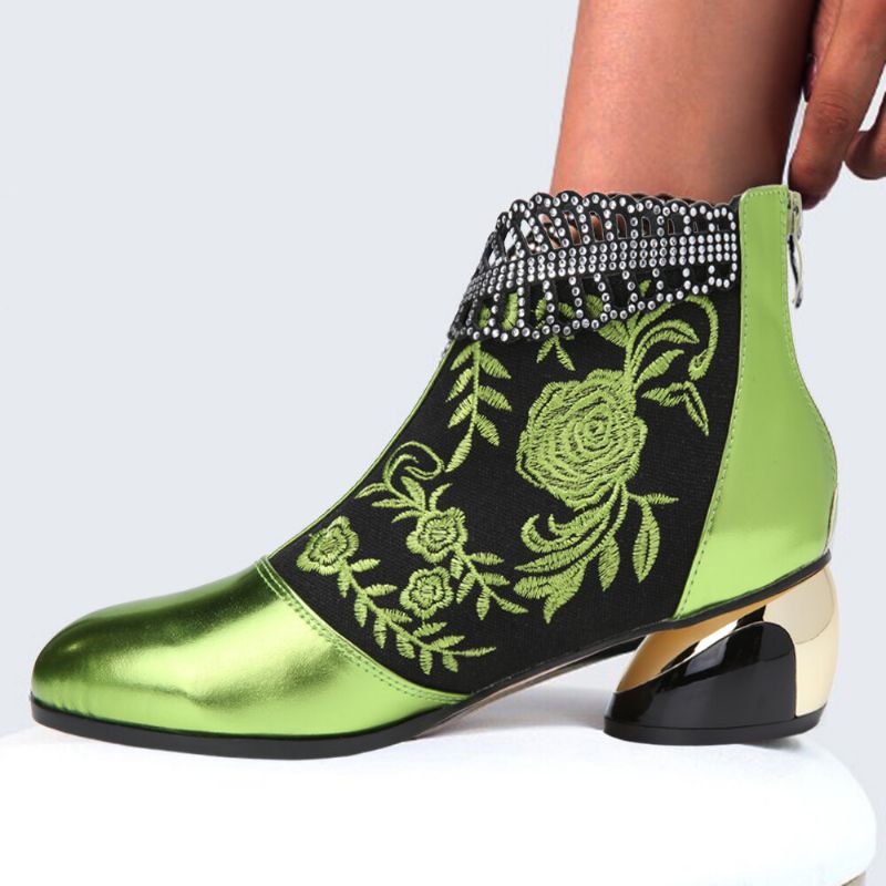 Botines De Tacón Grueso De Diamantes De Imitación De Flores Bordadas De Cuero Suave Cómodo Para Mujer