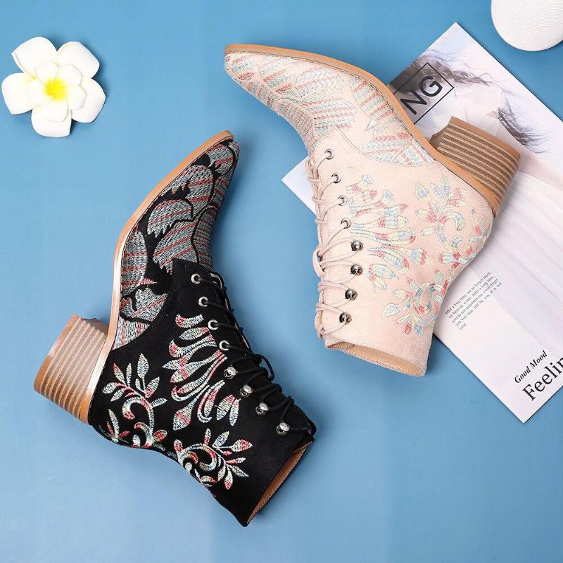 Botines De Tela Bordados Con Flores Elegantes Para Mujer