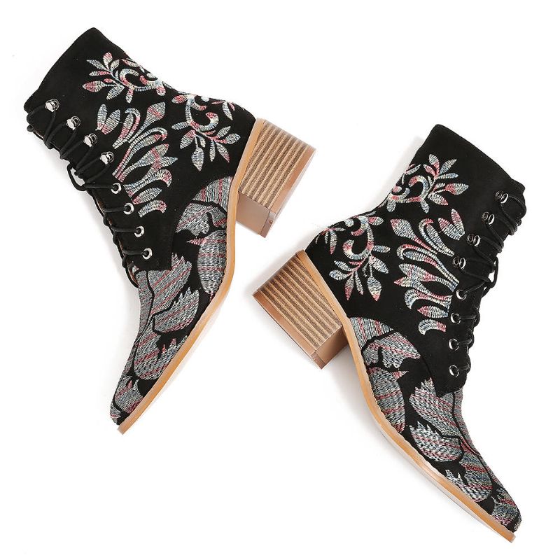 Botines De Tela Bordados Con Flores Elegantes Para Mujer